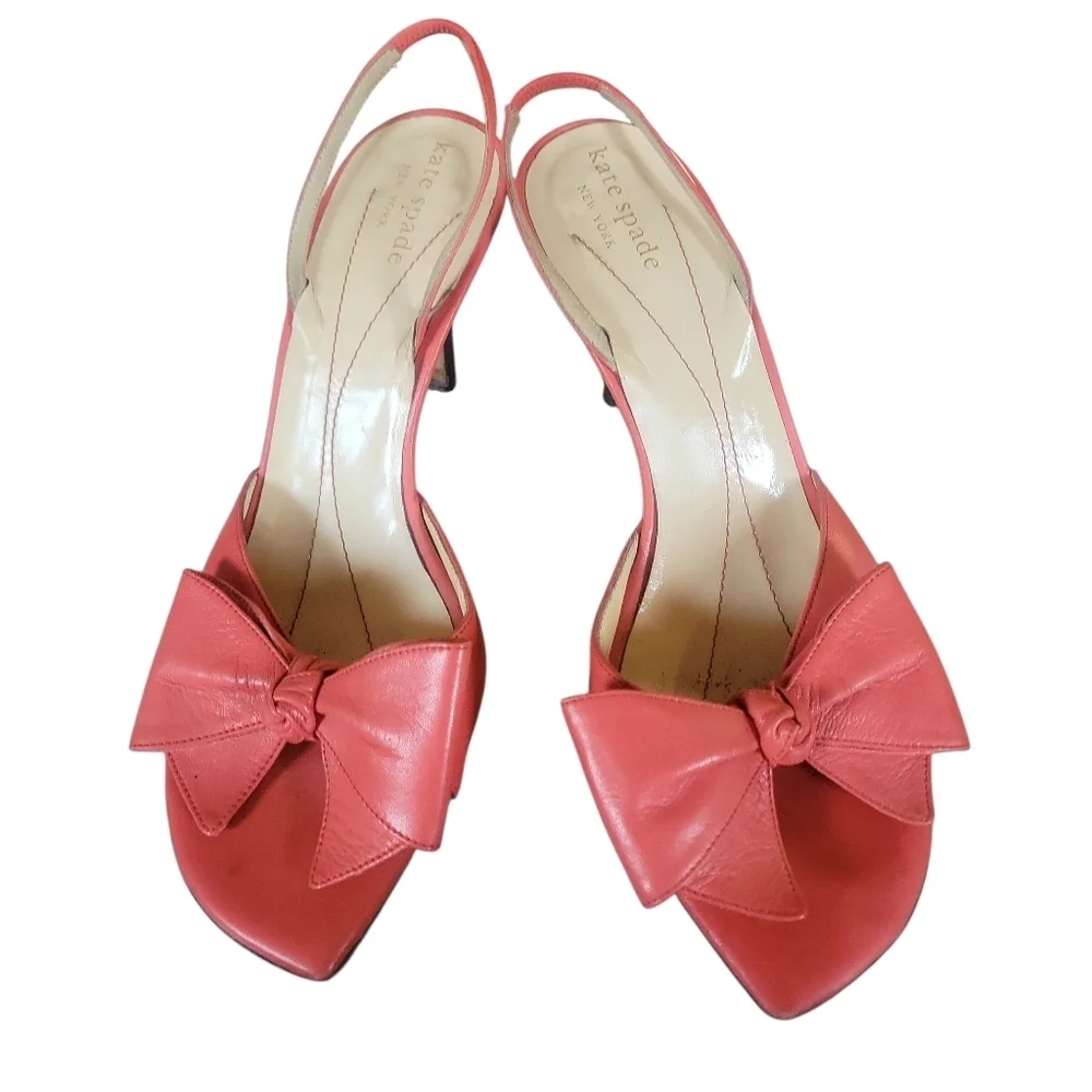 Kate Spade New York Women's Coral/Orange Bow Sling Back Open Toe Trendy Heels 8B